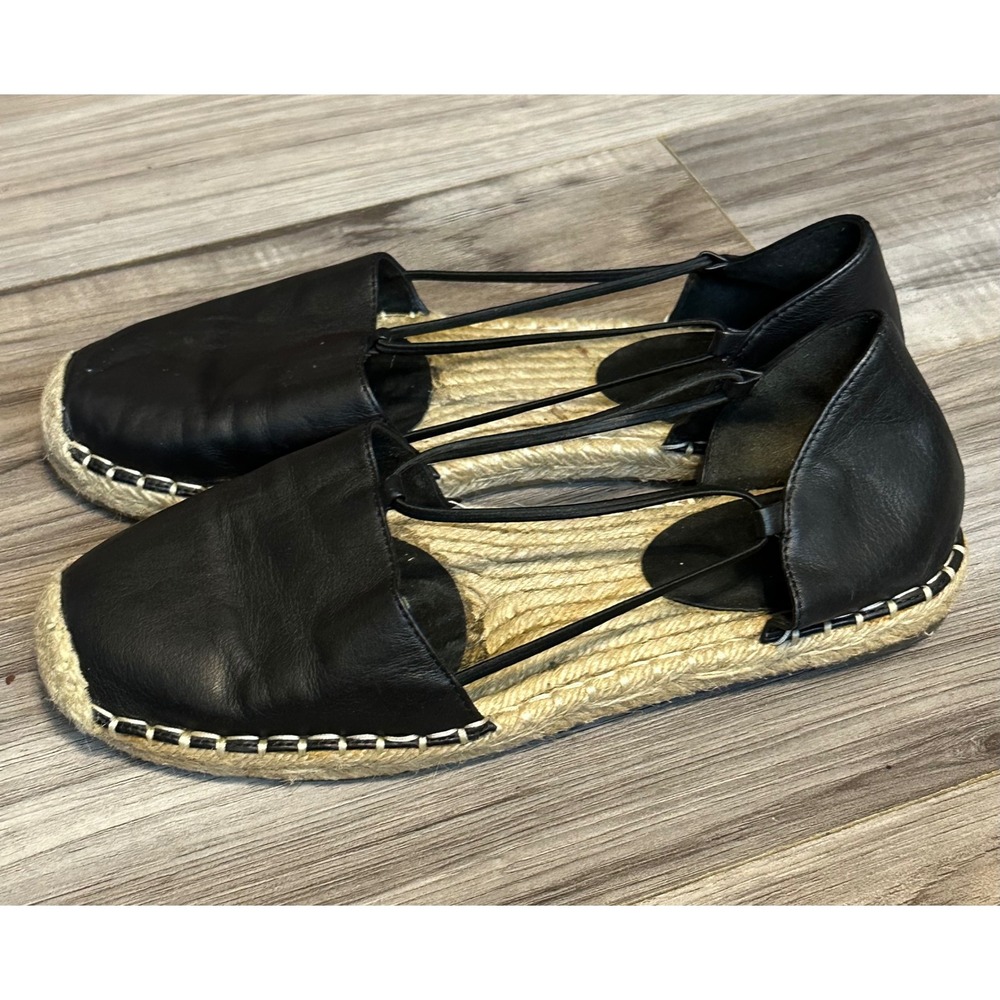 Eileen Fisher Womens Black Leather Espadrille Flats Elastic Strap Shoes Size 8.5